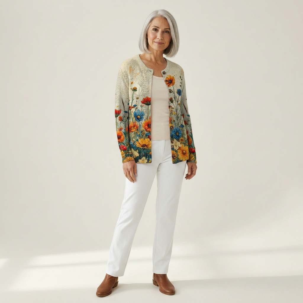 Martina - Gebreid vest met kleurrijke wilde bloemen - vooraanzicht