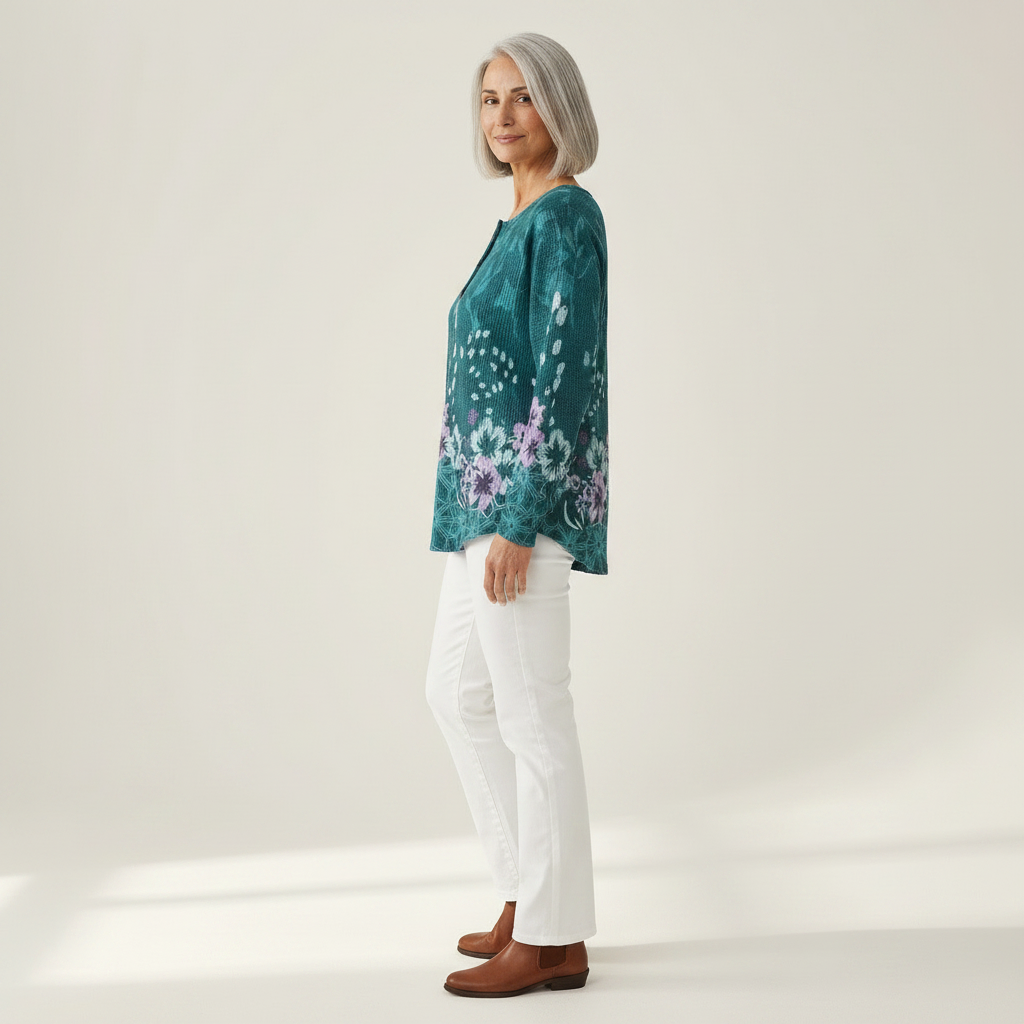 Roos - Trui in turquoise met bloemen - zijaanzicht