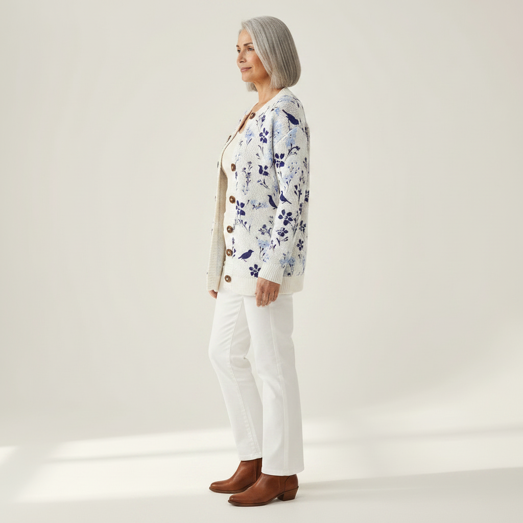 Birgit - Wit-blauw gebreid vest met bloemen & vogels - zijaanzicht