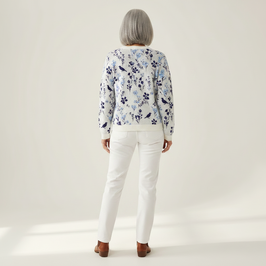 Birgit - Wit-blauw gebreid vest met bloemen & vogels - achteraanzicht