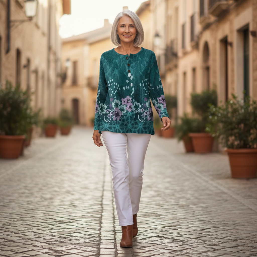 Roos - Trui in turquoise met bloemen - sfeerbeeld