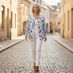 Birgit - Wit-blauw gebreid vest met bloemen & vogels - sfeerbeeld