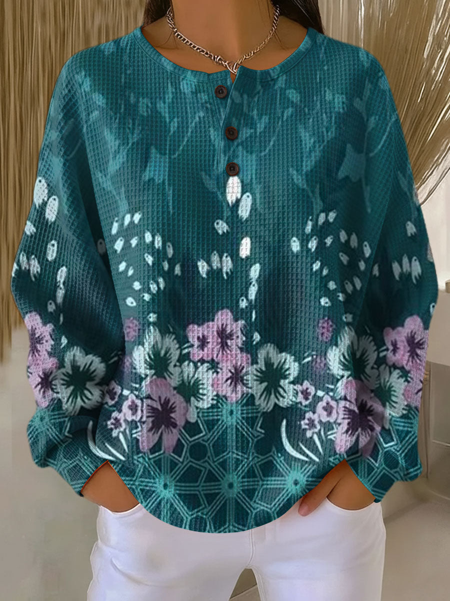 Roos - Trui in turquoise met bloemen - Meerkleurig