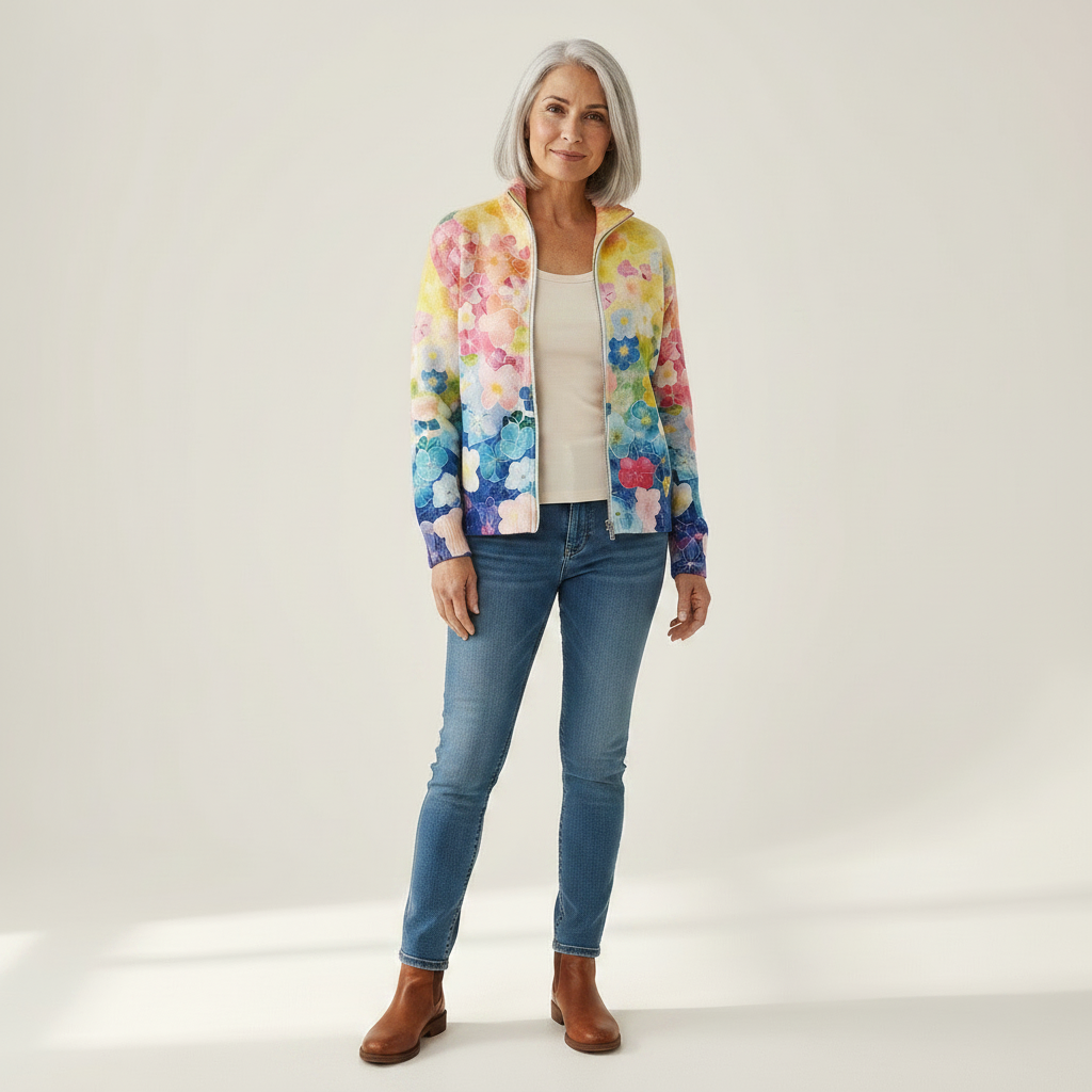 Ursula - Vest met aquarelbloemenpatroon - vooraanzicht