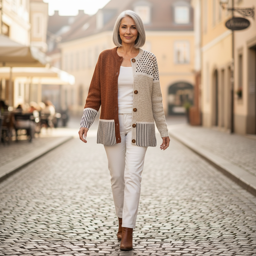 Renate - Patchworkvest in bruin en crème - sfeerbeeld