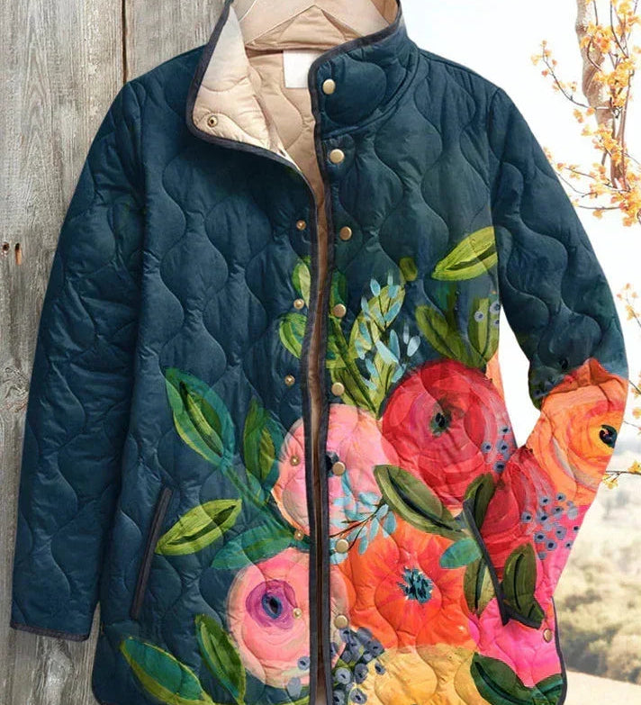 Florie - Donkerblauwe gewatteerde jas met bloemenmotief - productfoto
