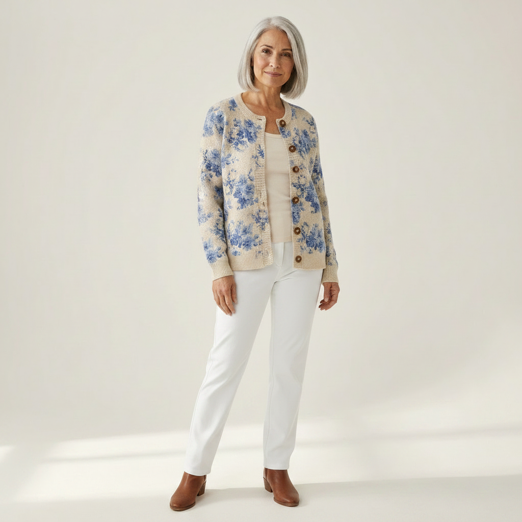 Heike - Crèmekleurig vest met blauwe bloemen - vooraanzicht