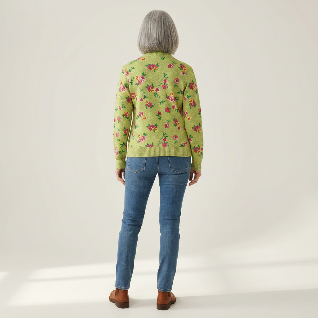 Elke - Groen vest met bloemenpatroon - achteraanzicht