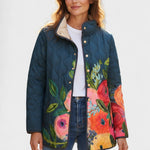 Florie - Donkerblauwe gewatteerde jas met bloemenmotief
