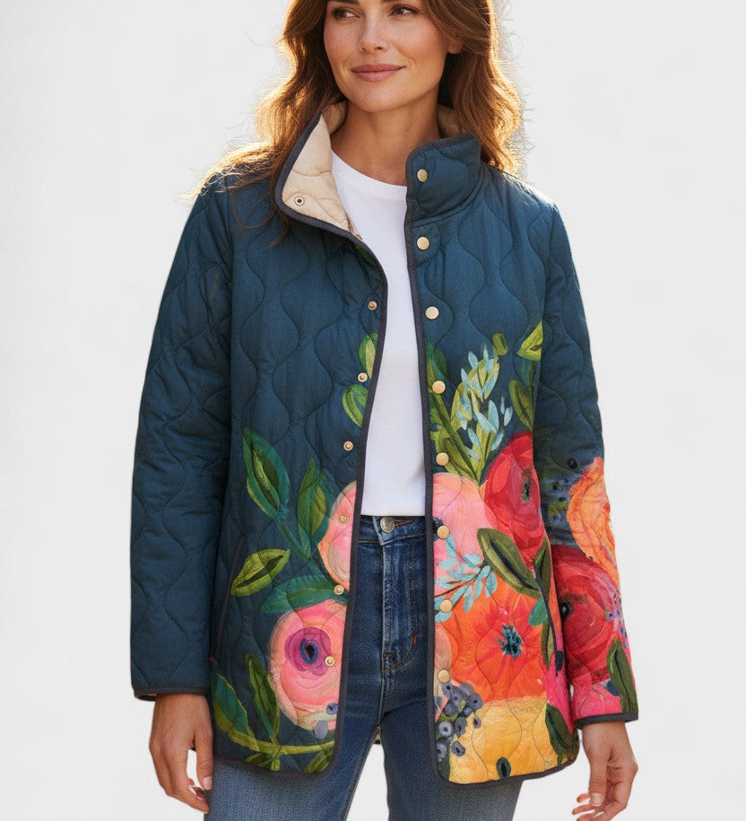 Florie - Donkerblauwe gewatteerde jas met bloemenmotief