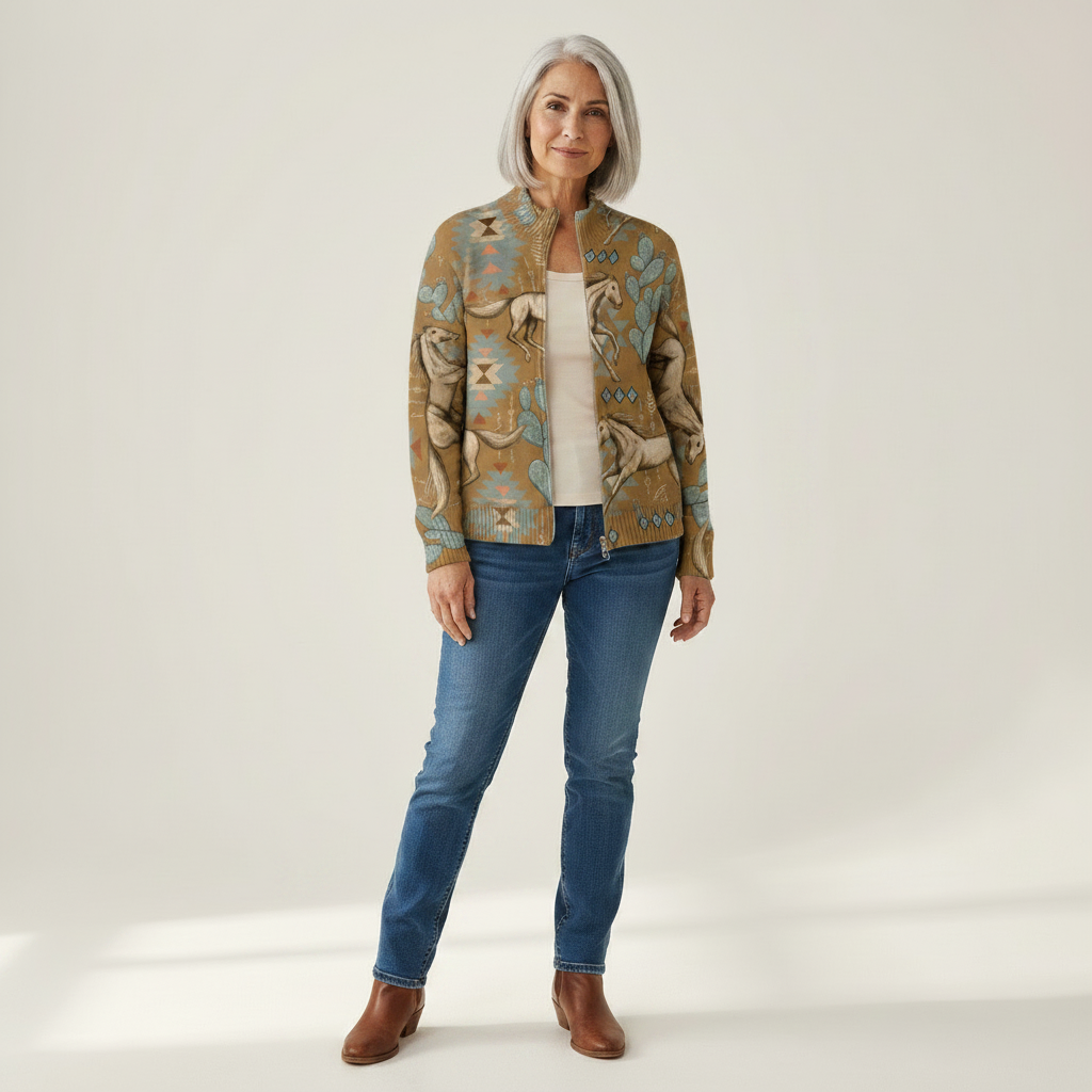 Brigitte - Gebreid vest met paarden- en cactusmotief - vooraanzicht