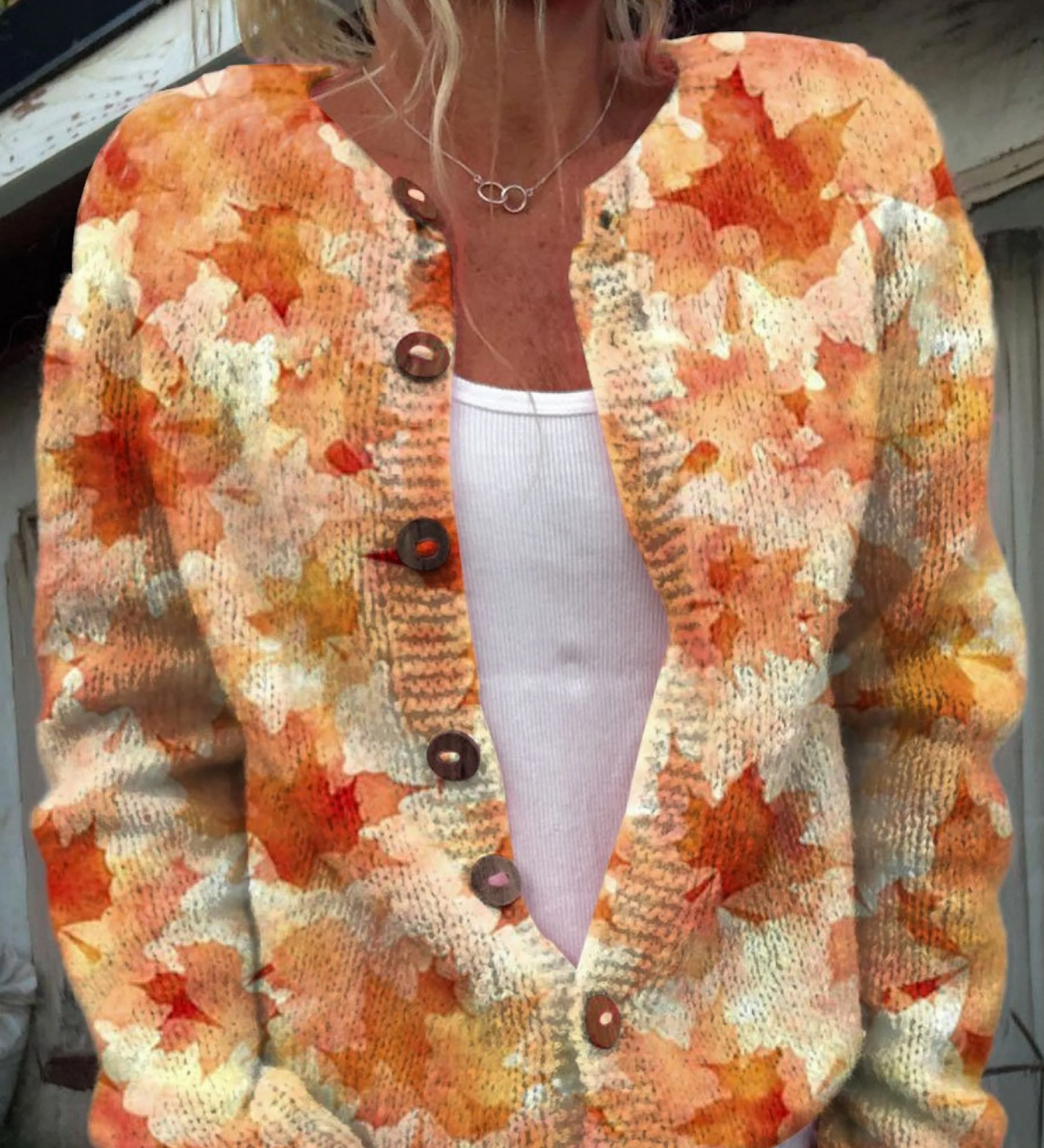 Andrea - Vest met herfstachtig bladerenpatroon