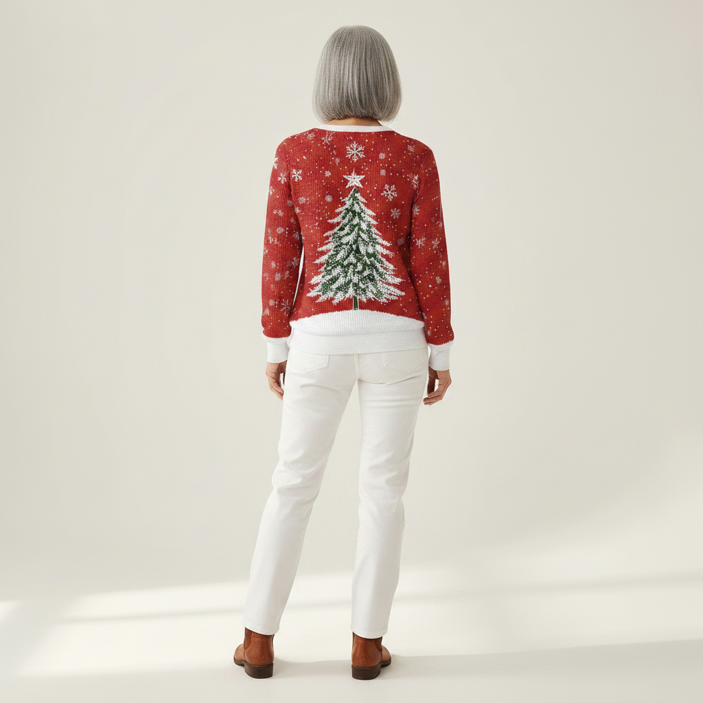 Isa - Kersttrui in rood met dennenboom - achteraanzicht