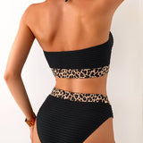 Geribbelde bikini met luipaardprint in kleurblokken