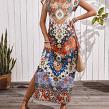 Elin | Kleurrijke casual jurk met print en splitten