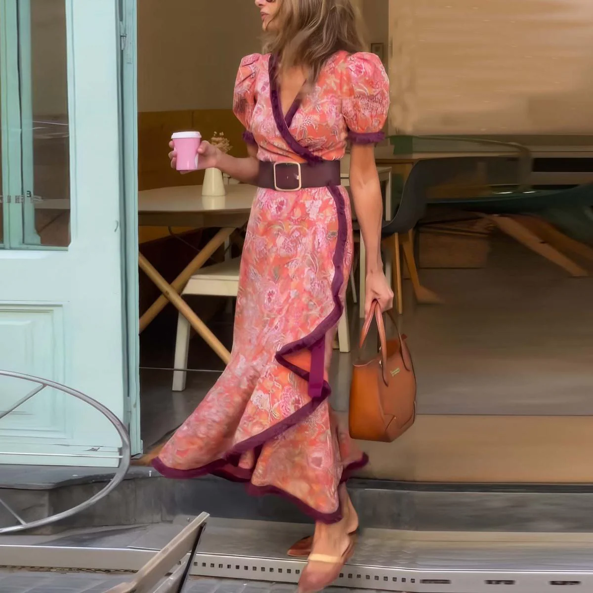 Elegante Roze Maxi Dress met Korte Mouwen