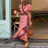 Elegante Roze Maxi Dress met Korte Mouwen