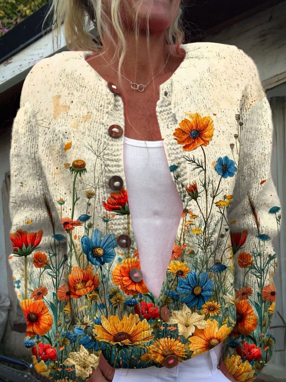 Martina - Gebreid vest met kleurrijke wilde bloemen
