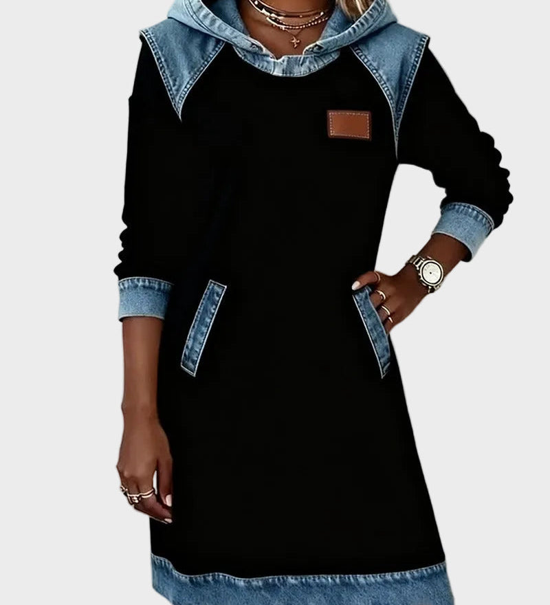 Jantien - Sweatjurk met capuchon in jeanslook - Zwart