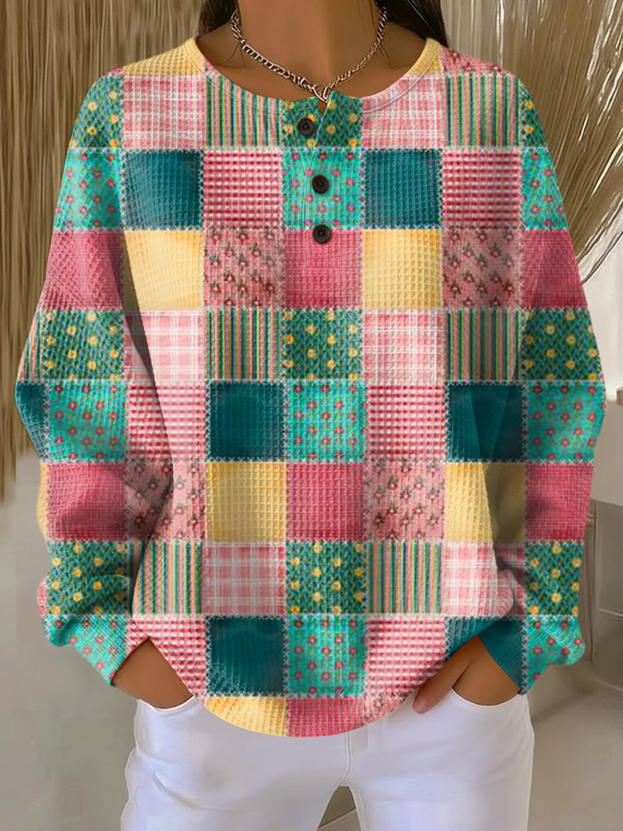 Merel - Patchworktrui in roze en turquoise - Meerkleurig