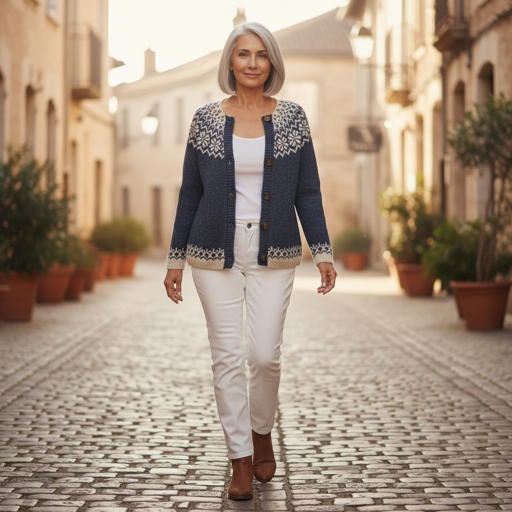 Gisela - Donkerblauw vest met sneeuwsterpatroon - sfeerbeeld
