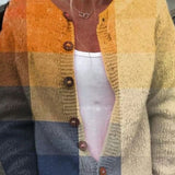 Dagmar - Vest met blokpatroon in oker & blauw