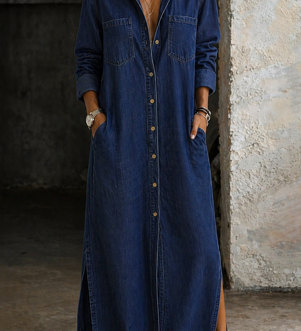 Thirza - Denimjurk met knoopsluiting - Blauw