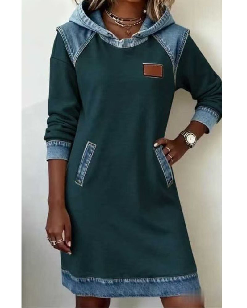 Jantien - Sweatjurk met capuchon in jeanslook - Groen