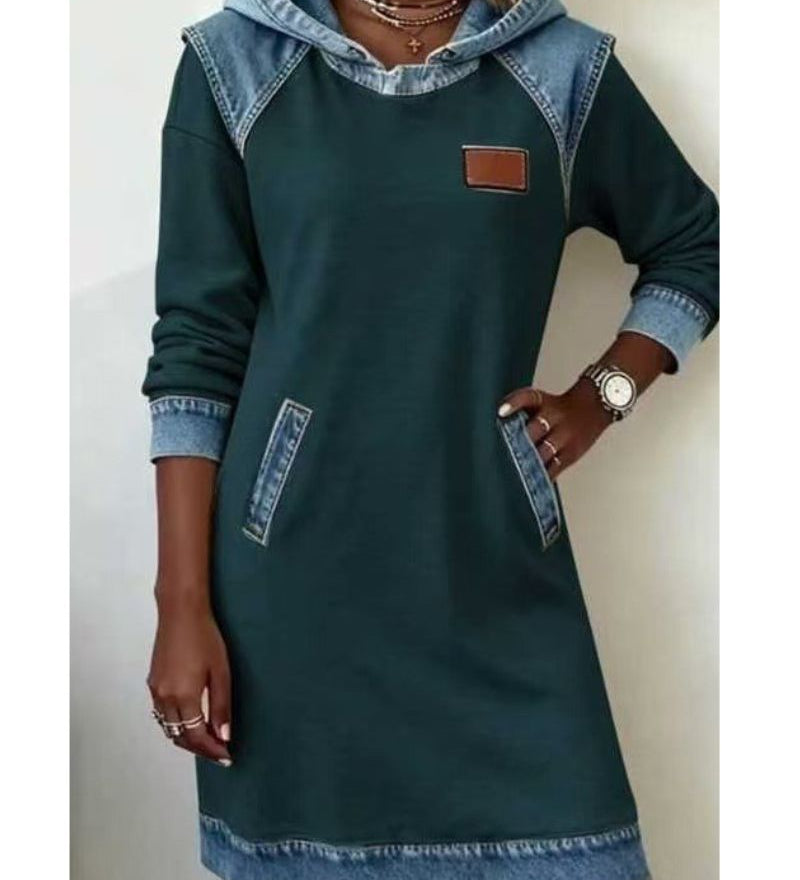 Jantien - Sweatjurk met capuchon in jeanslook - Groen