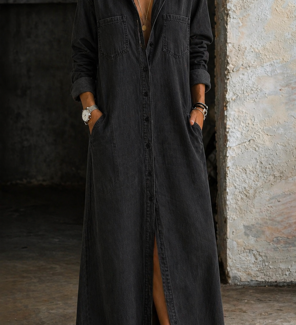 Thirza - Denimjurk met knoopsluiting - Zwart