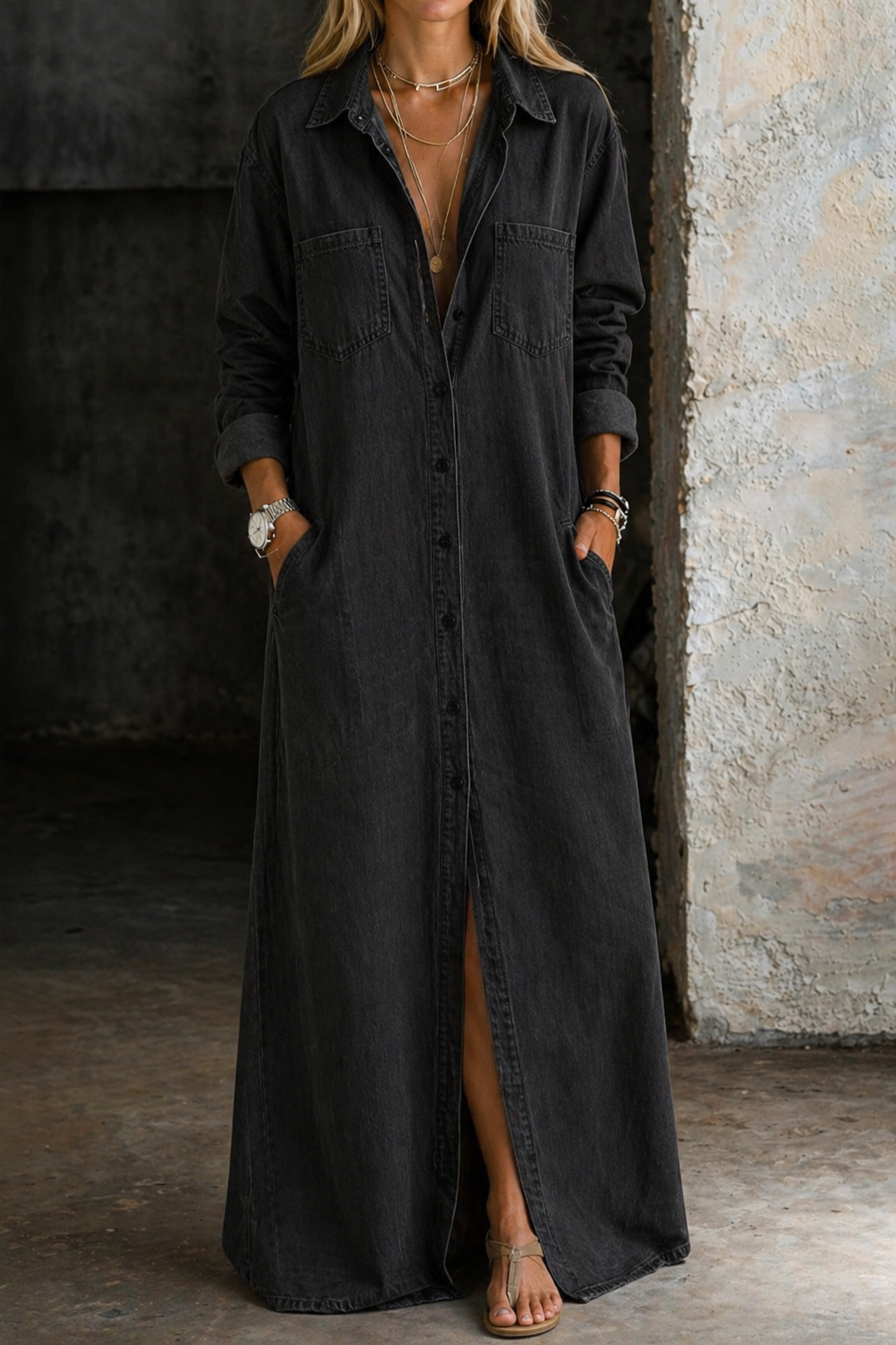 Thirza - Denimjurk met knoopsluiting - Zwart