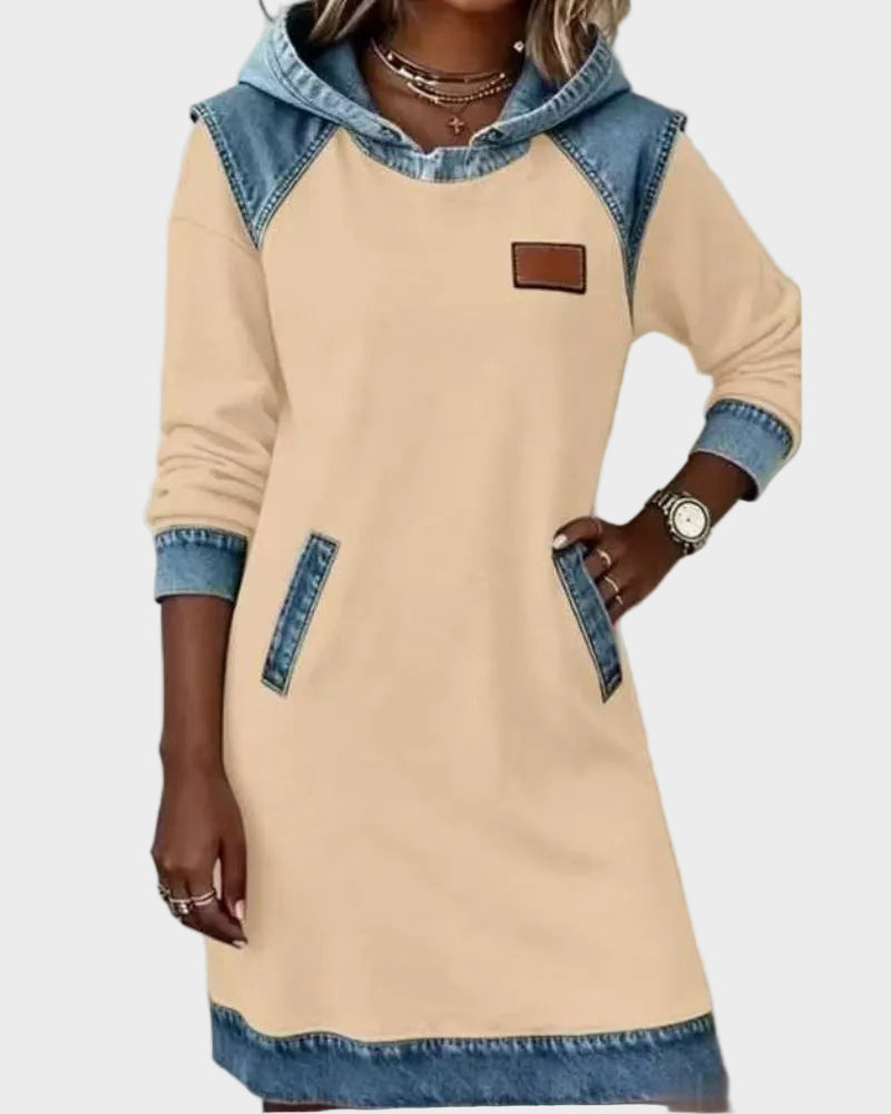 Jantien - Sweatjurk met capuchon in jeanslook - Beige