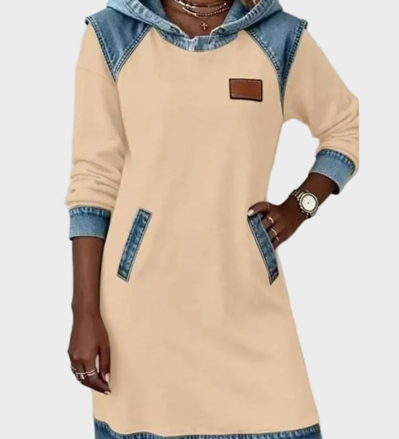 Jantien - Sweatjurk met capuchon in jeanslook - Beige
