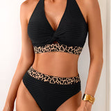 Geribbelde bikini met luipaardprint in kleurblokken