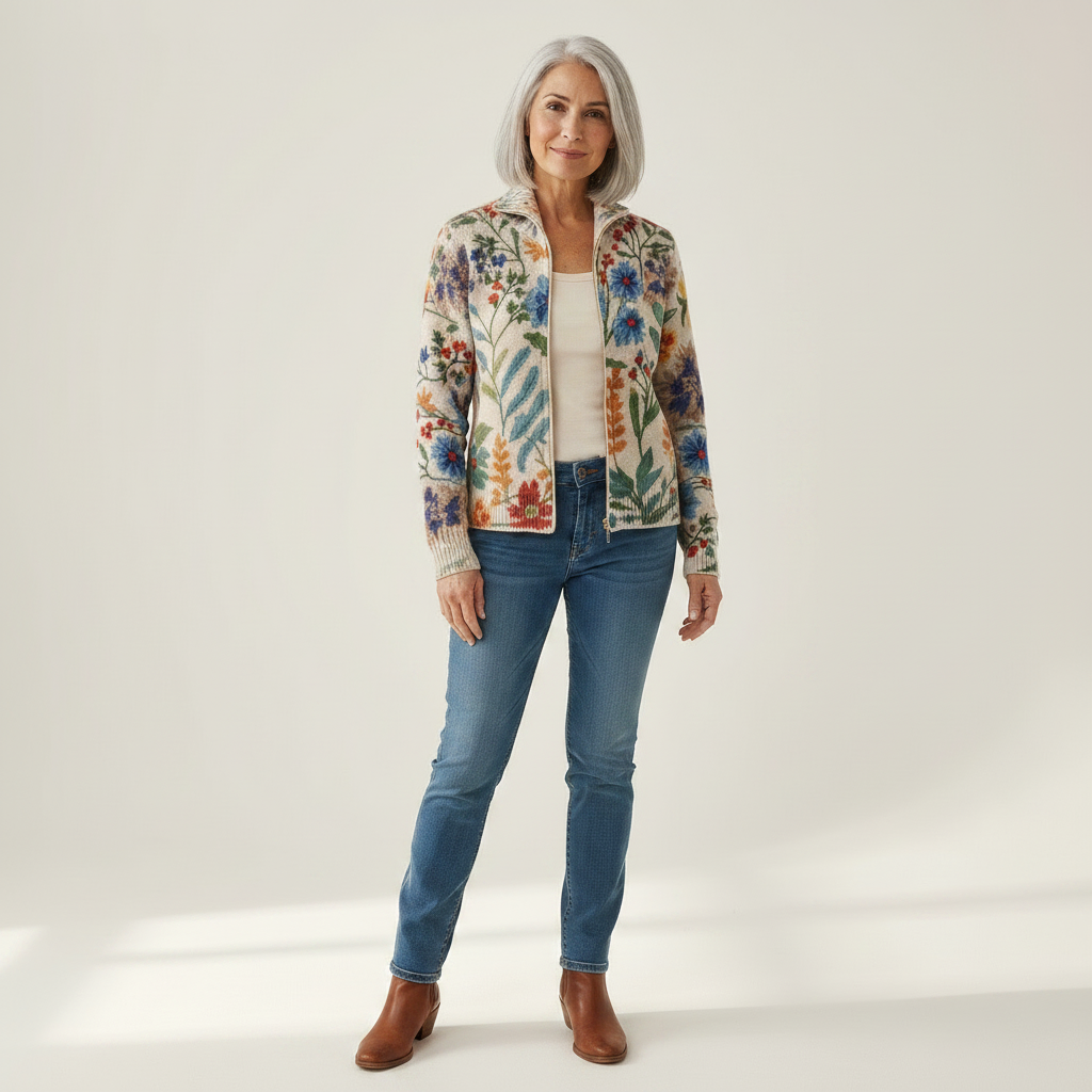Birgit - Vest met botanisch bloemenpatroon - vooraanzicht