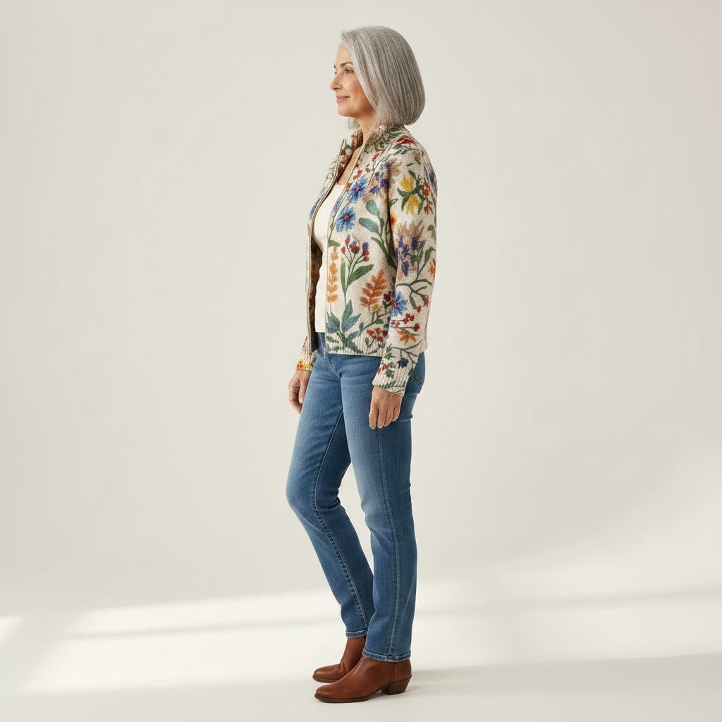 Birgit - Vest met botanisch bloemenpatroon - zijaanzicht