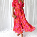 Elegante V-hals Maxi jurk met pofmouwen