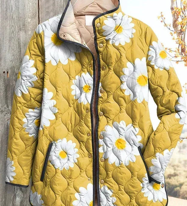Wendelien - Gele gewatteerde jas met margrieten - productfoto