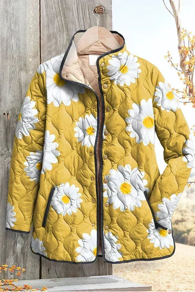 Wendelien - Gele gewatteerde jas met margrieten - productfoto