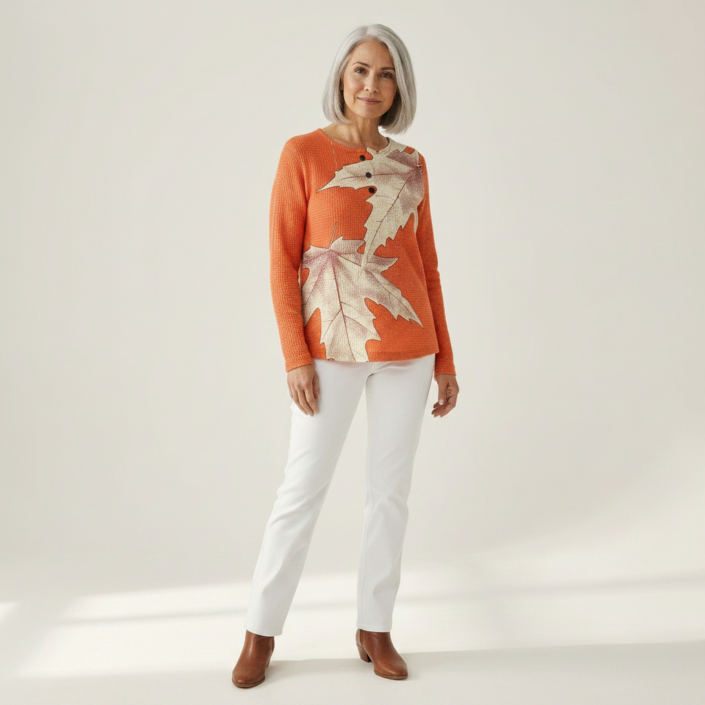 Marit - Trui in oranje met herfstbladeren - vooraanzicht