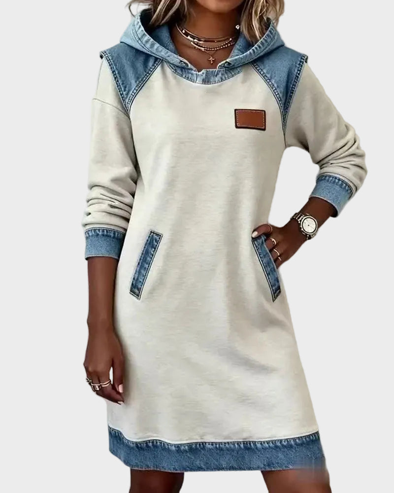 Jantien - Sweatjurk met capuchon in jeanslook - Wit