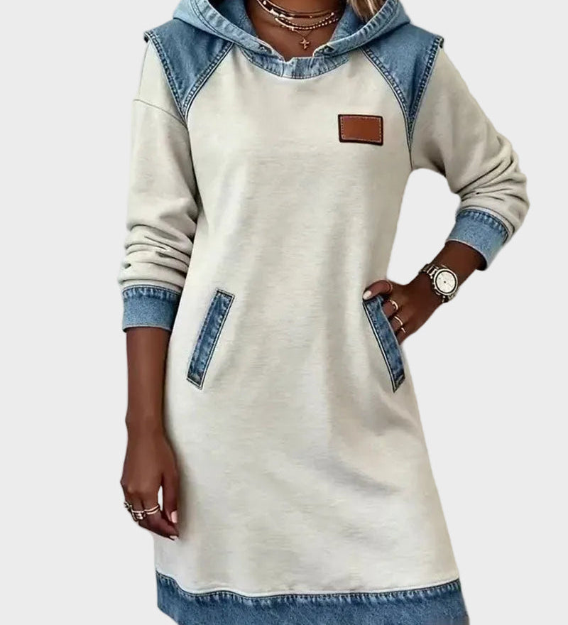 Jantien - Sweatjurk met capuchon in jeanslook - Wit