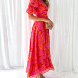 Elegante V-hals Maxi jurk met pofmouwen
