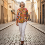 Britt - Trui in oranje met bloemen - sfeerbeeld