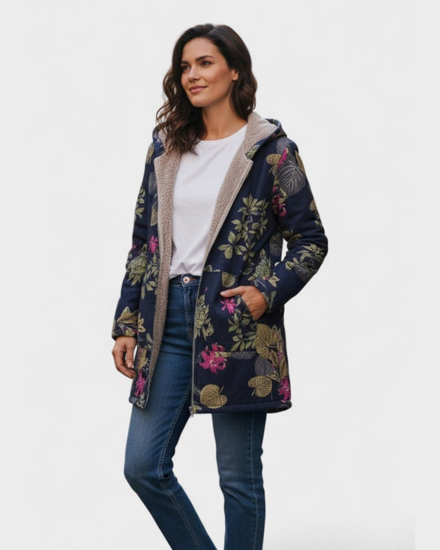 Aurora - Marineblauwe mantel met bloemenpatroon