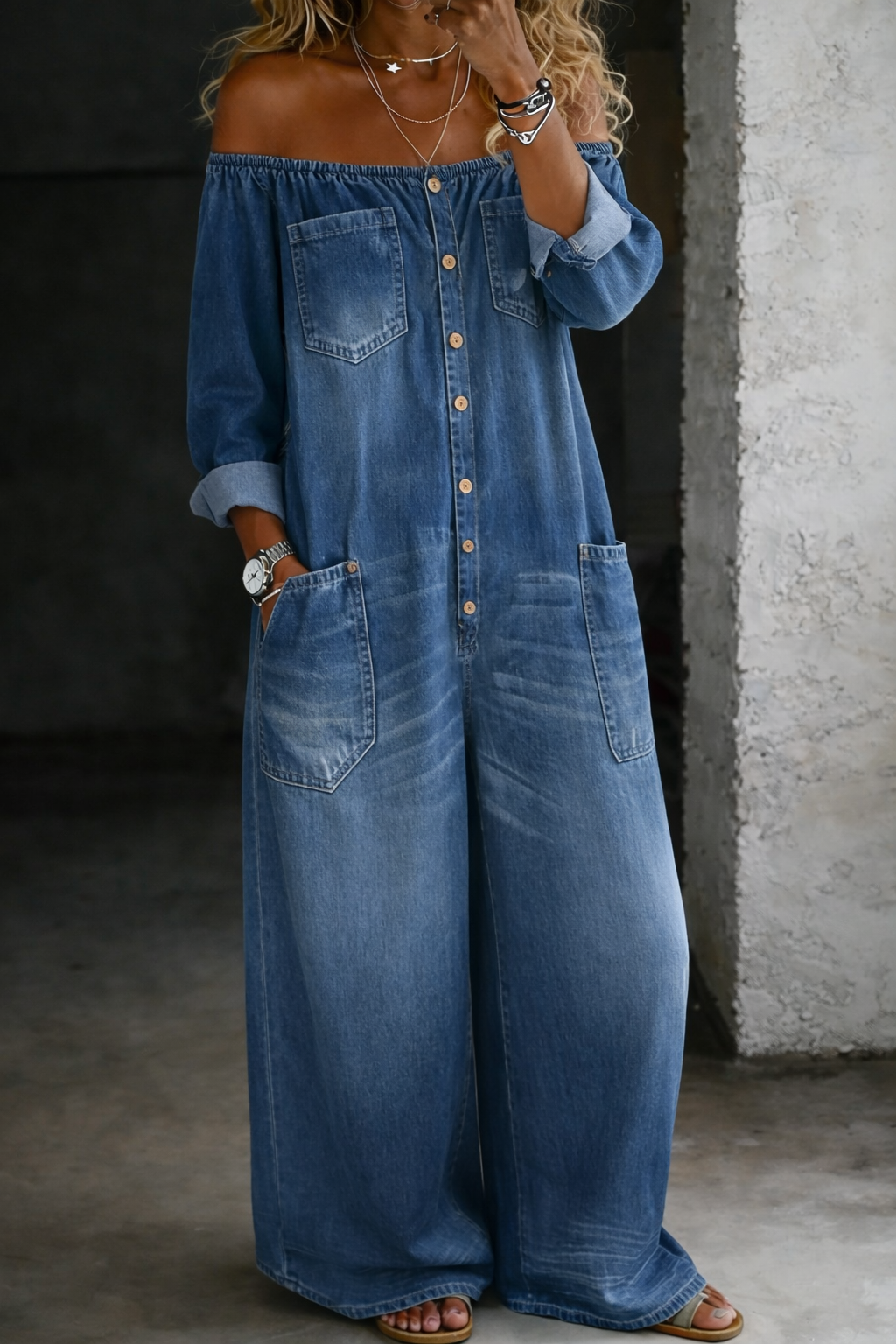 Lieselot - Jumpsuit met blote schouders en lange mouwen - Blauw