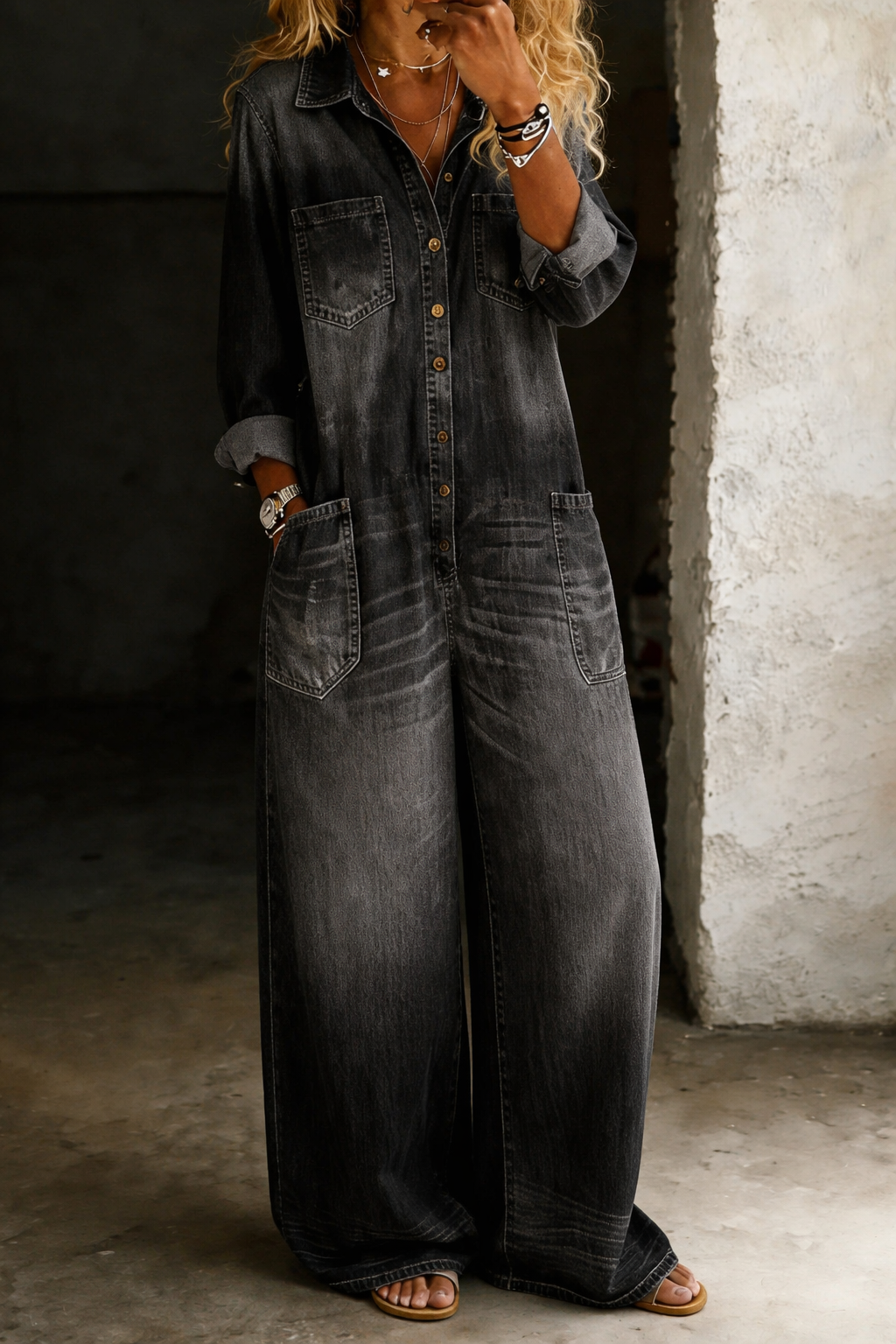 Jeanine - Casual denim tuinbroek - Zwart