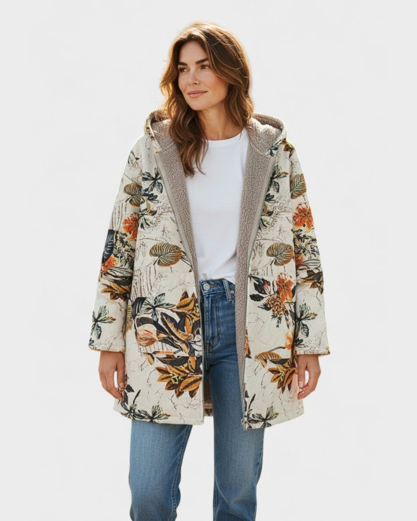 Elena - Boho sherpajas met capuchon en bloemenpatroon