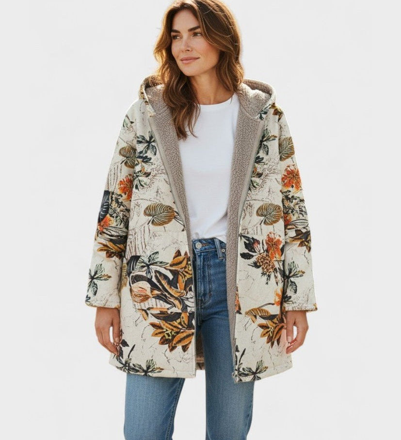 Elena - Boho sherpajas met capuchon en bloemenpatroon