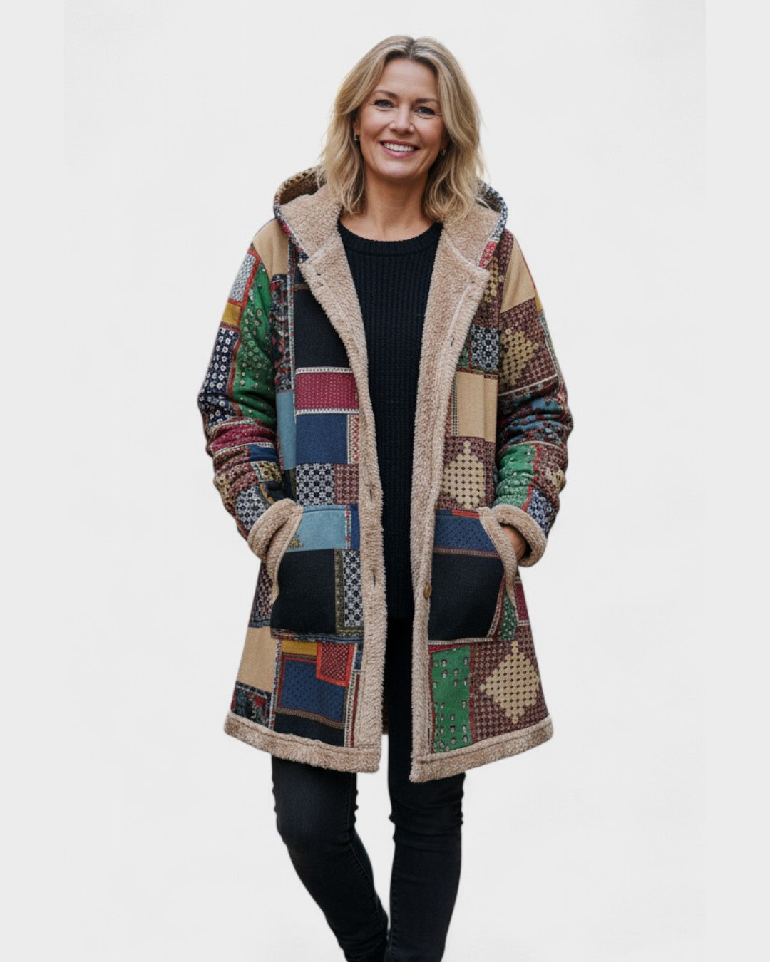 Herfst - Gezellige patchworkhoodie in aardetinten - afbeelding 2